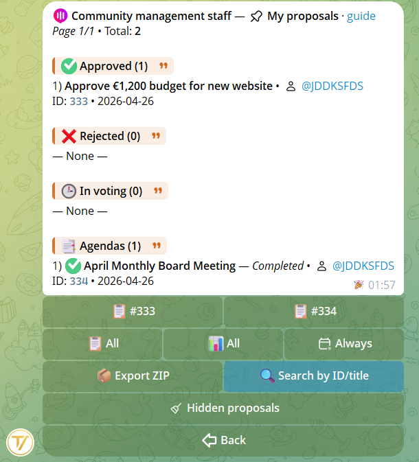 My proposals list with status and period filters