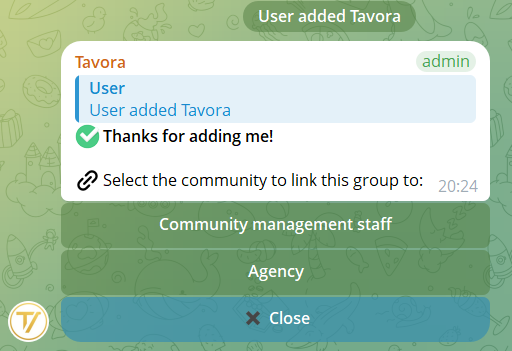Community picker shown when the bot is first added to a group