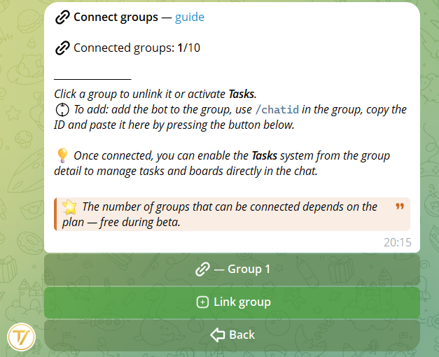 Management → Groups screen with the button to add a new group via ID
