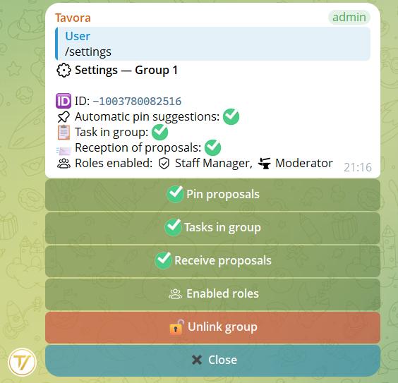 Group settings panel opened with /settings: proposal reception, tasks, allowed roles and unlinking