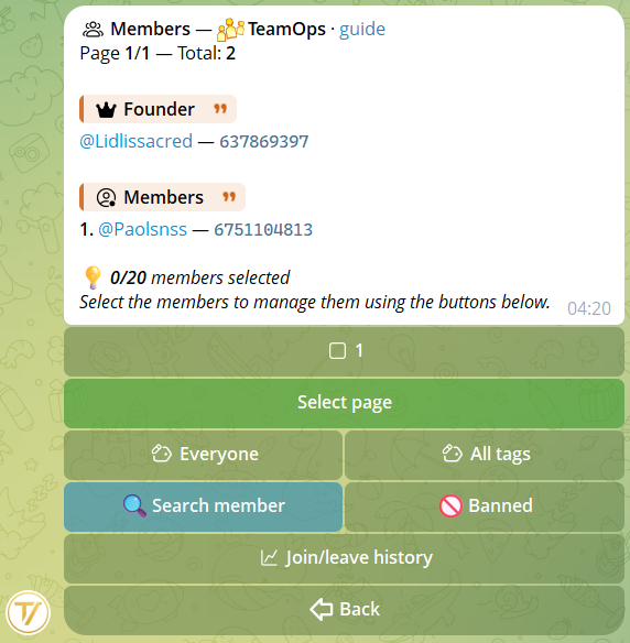 Member list with selection, View (N) button, role+tag filters and search