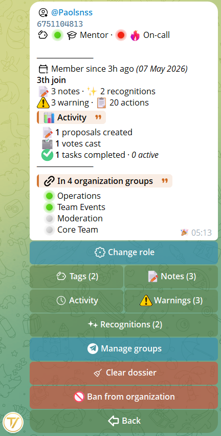 Member profile hub with counters, sub-screens and direct actions