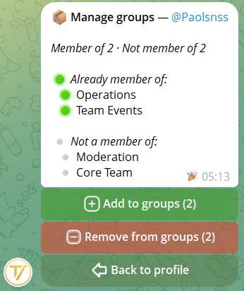Manage groups hub with Add/Remove choice and sub-panels with targeted multi-select