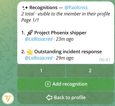 Recognition published on the member's profile with formatted title and body