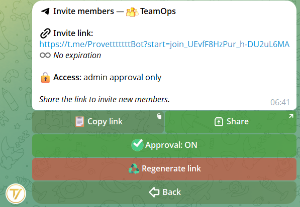 Two ways to add members to the organization: invite link and /add @username