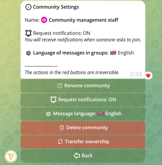 Community Settings screen: rename, request notifications, group message language, transfer ownership, delete community