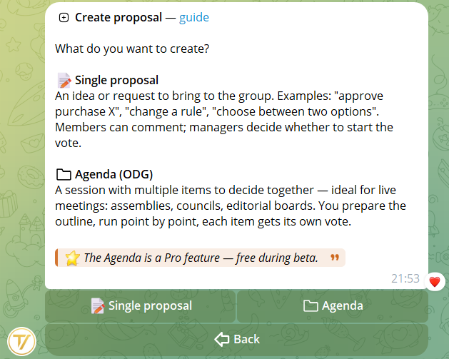Proposal creation wizard with preview and target group selection