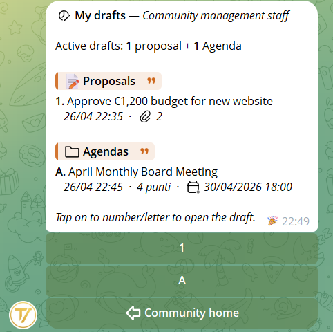 "My drafts" screen: list of proposal and agenda drafts with edit, duplicate, publish actions