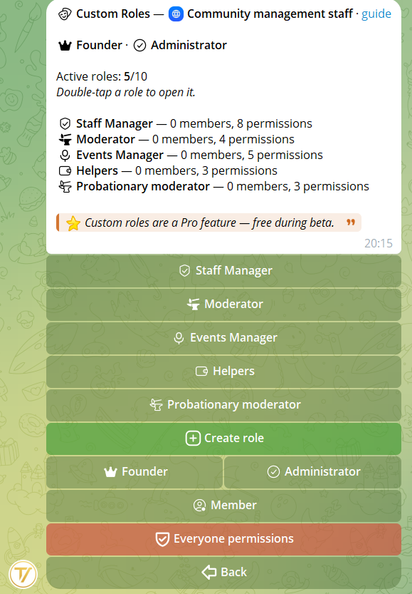 Role configuration: name, emoji, permissions list with switches