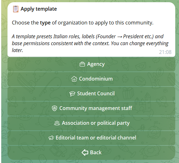 Apply template menu: list of available organization types