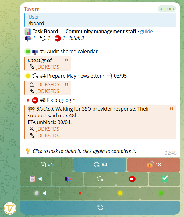 /board — interactive view of group tasks, paginated and filterable