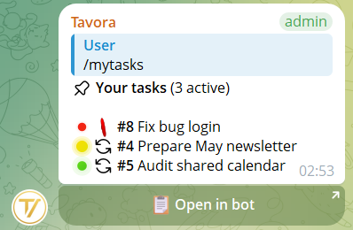 /task — tasks assigned to you, shown in the group