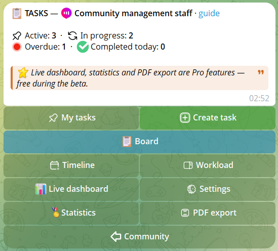 Task menu with live stats and quick buttons