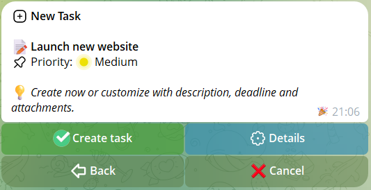 Detailed task creation form with priority, due date and attachments
