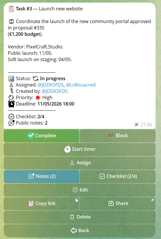 Task card with all details: status, priority, due date, assignees, checklist, notes, attachments