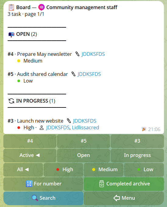 Board view with tasks organized in status columns