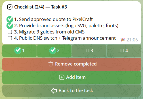 Checklist view with checked items, numeric buttons and progress