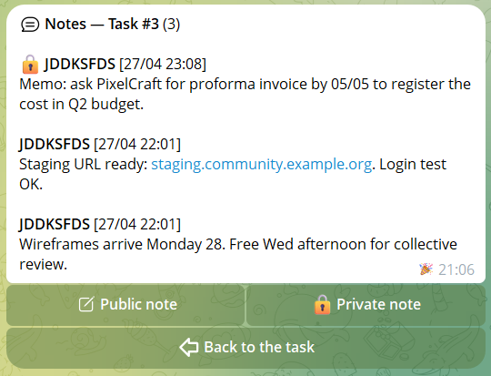 Task notes section with public and private notes