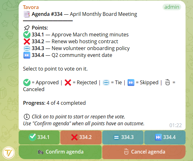 Agenda menu with numbered items and status icons